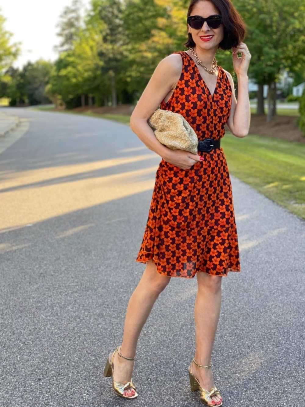 2023 CAbi FLIP DRESS Reversible Women's XL Orange #6370 V-Neckline PolkaDot